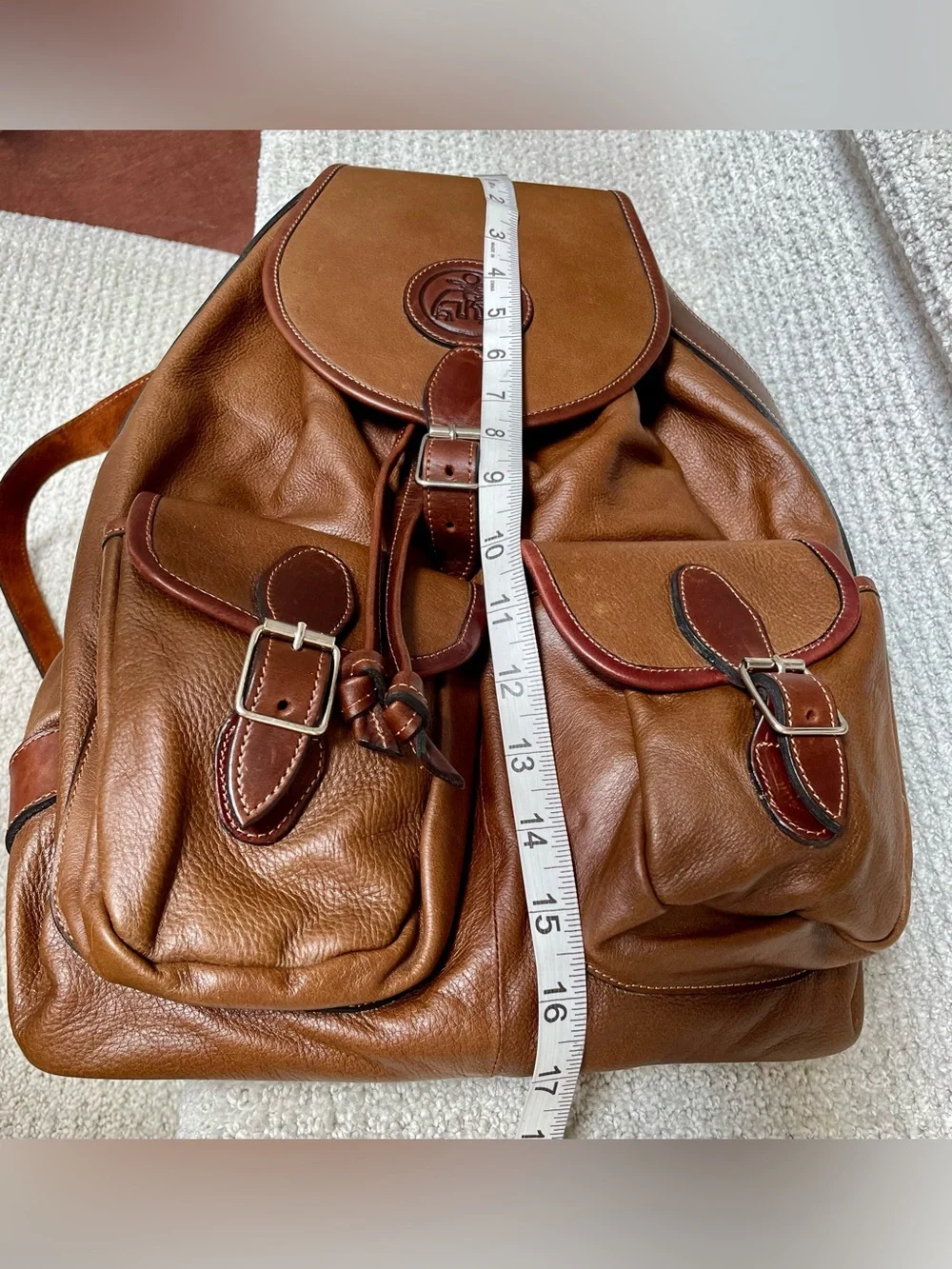 Vintage Artisan Brown Leather Backpack Embossed Crocodile/Alligator Emblem
